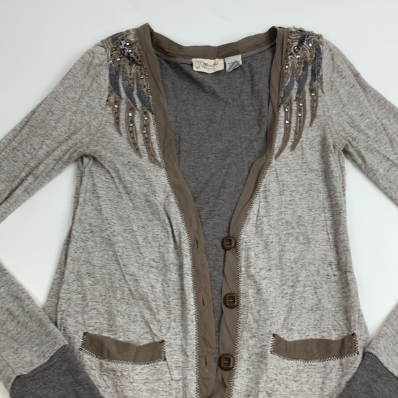 Miss Me Cardigan sweater XS Wings sequin Design Boho Earthy Button Style pockets - Picture 7 of 15
